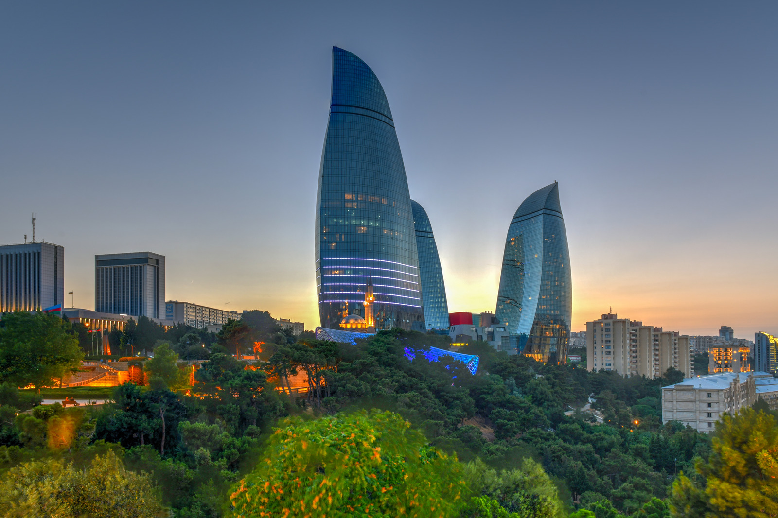 The Flame Towers in Baku, Azerbaijan. A view of the city skyline on a dramatical sunset.